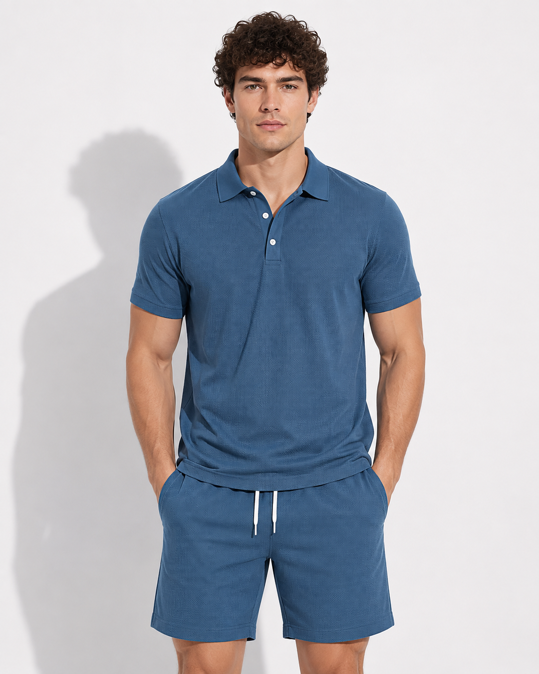 Modernes Herren Reiseoutfit: Unifarbenes Polohemd & passende Shorts. Bequem und elegant für den Sommer.
