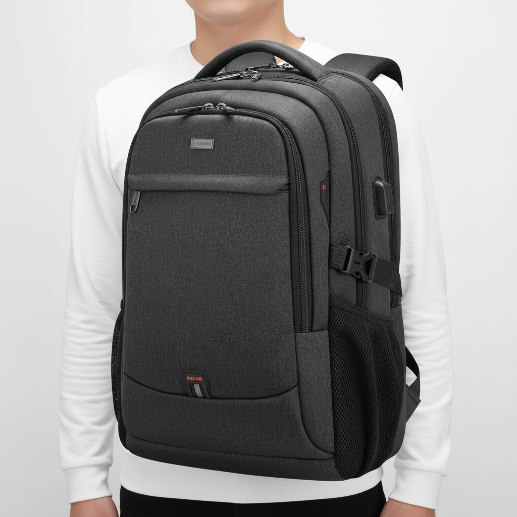 Vorderansicht: Wasserdichter Rucksack mit USB-Anschluss & Laptopfach, ideal für täglichen Gebrauch & Reise.