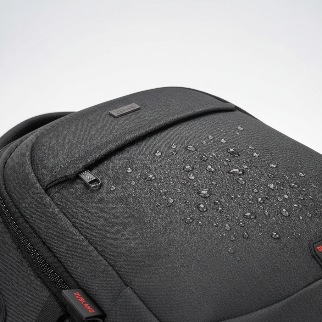 Detail des USB-Ladeanschlusses am wasserdichten Unisex Pendlerrucksack, praktisch für Handy & Tablet.