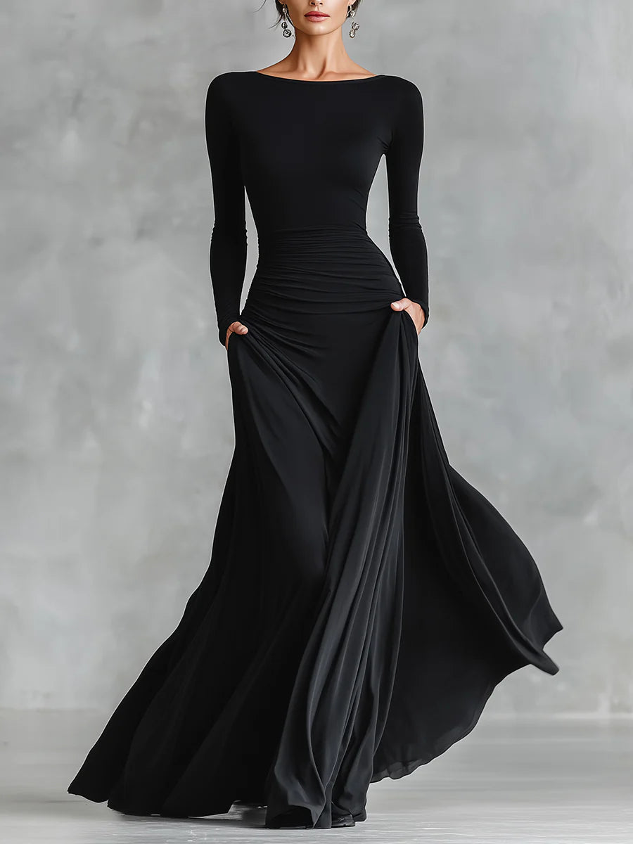 Elegantes schwarzes Damen Maxikleid mit U-Boot-Ausschnitt & langen Ärmeln, ideal für festliche Anlässe.