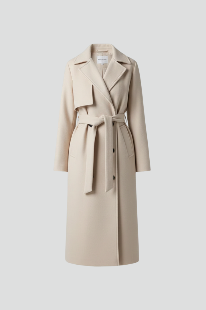 Langer beiger Damenmantel, zweireihig mit Bindegürtel. Eleganter Wintermantel für Damenmode, Business Look & Herbst.
