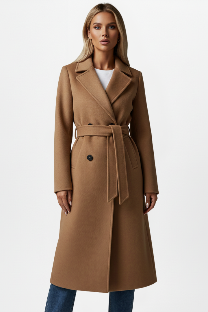 Langer beiger Damen Wintermantel, zweireihig mit stilvollem Bindegürtel. Ideal für Herbstmode & Business Look.