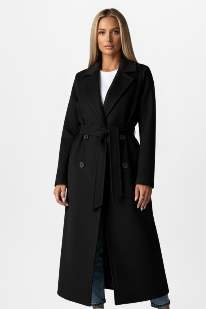 Eleganter Damen Überzieher in Beige, zweireihig & lang. Wintermantel mit Bindegürtel für Business & Freizeit.