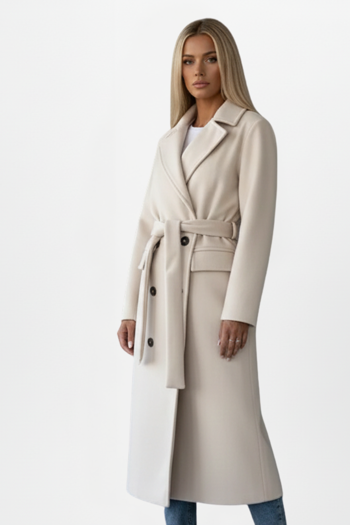 Damen Wintermantel beige, zweireihig, mit Bindegürtel. Eleganter langer Überzieher für Herbstmode & Business Look.
