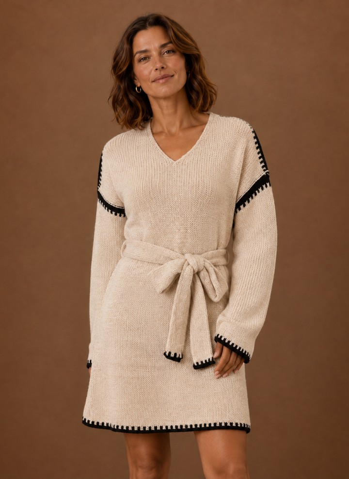Damen Strickkleid mit V-Ausschnitt und Gürtel in Schwarz, elegant & komfortabel für Herbst/Winter.