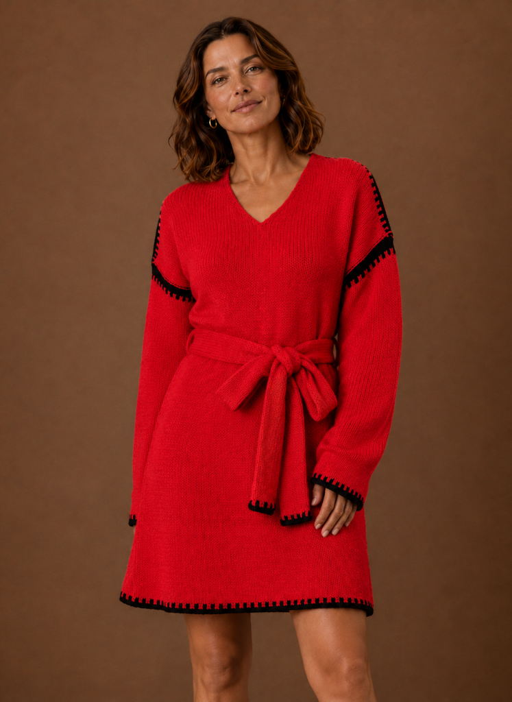 Beiges Damen Strickkleid mit Taillengürtel & V-Ausschnitt, perfekt für Freizeit oder Büro im Herbst.