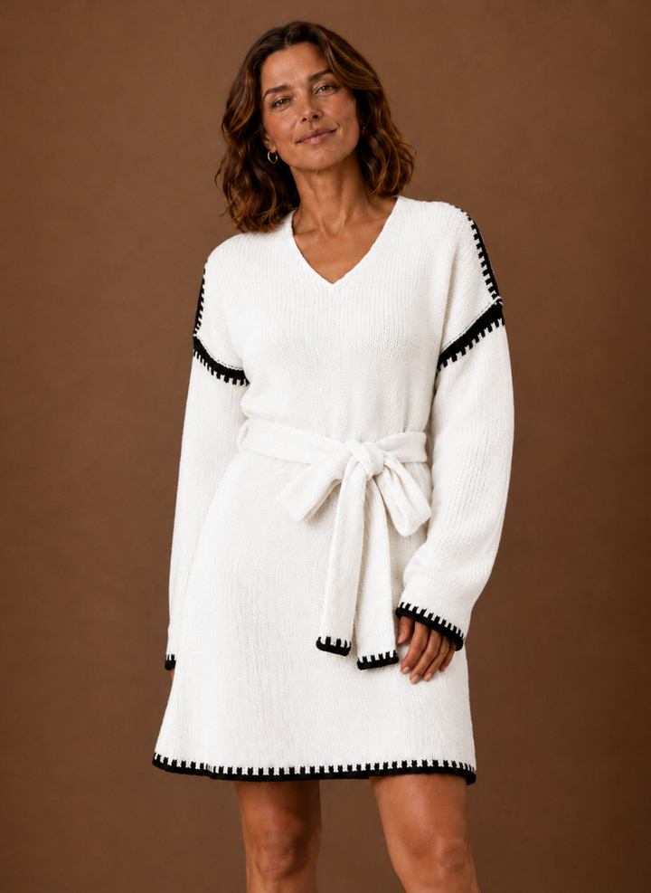 Elegantes rotes Damen Strickkleid mit V-Ausschnitt & Gürtel, ideal für besondere Anlässe.