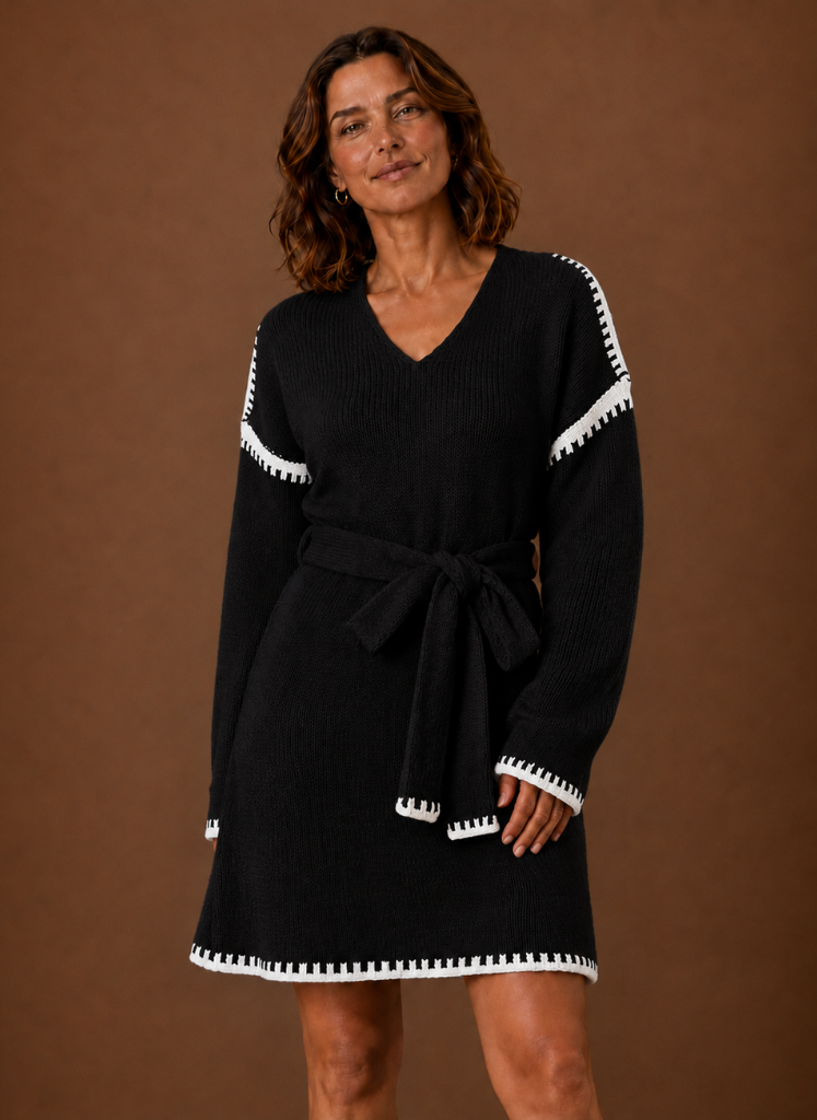 Komfortables graues Damen Strickkleid mit V-Ausschnitt und Bindegürtel, warme Herbst-Winter-Mode.