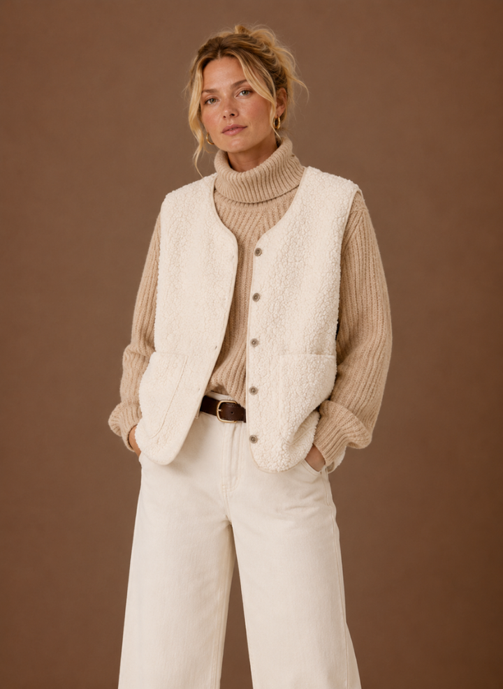 Modische Damen Teddyweste mit kuscheligem Teddyfell in Braun-Weiß. Ärmellos für einen warmen und stilvollen Winter-Look.