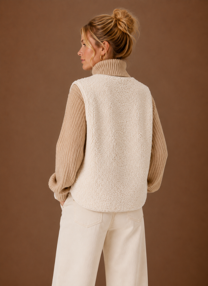 Braun-weiße Damen Teddyweste, ärmellos und warm. Vielseitiger Überwurf für Komfort und Stil in Herbst & Winter.