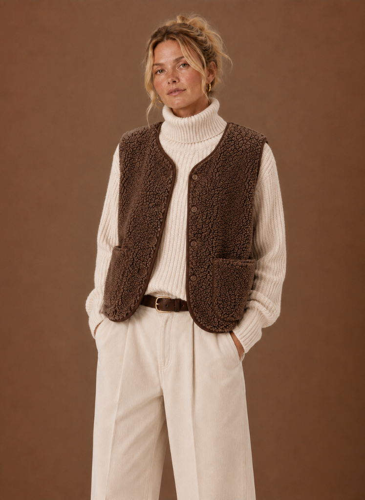 Kuschelige Damen Teddyweste in Braun-Weiß, ärmellos, perfekt für warme Herbst- & Winter-Lagenlooks.