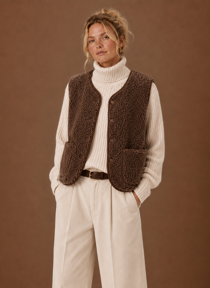 Kuschelige Damen Teddyweste in Braun-Weiß, ärmellos, perfekt für warme Herbst- & Winter-Lagenlooks.