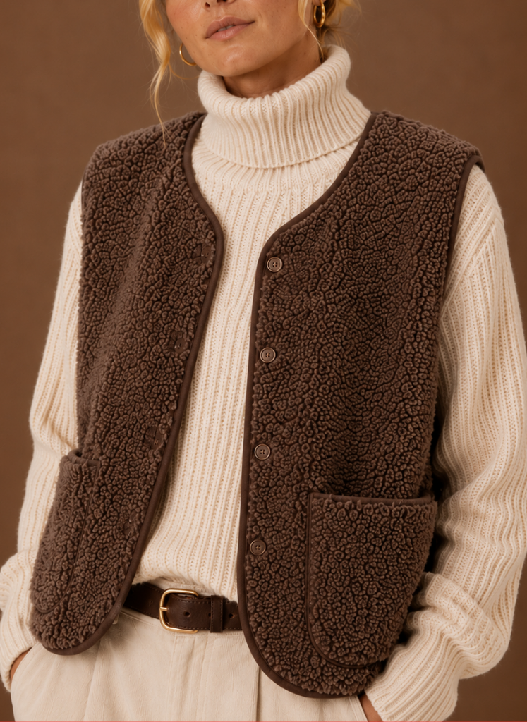 Warme, komfortable Damen Teddyweste in Braun-Weiß für gemütliche Herbst- und Wintertage. Ärmellos und kuschelig.