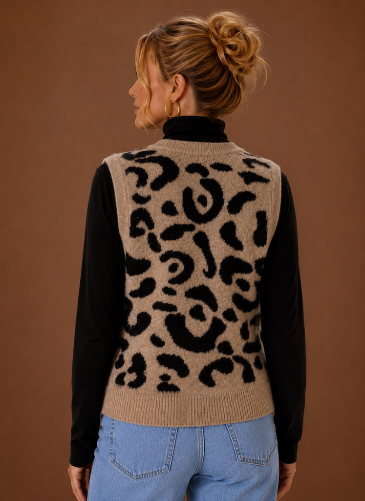 Stilvolle ärmellose Damenweste mit klassischem Leopardenmuster und modernem V-Ausschnitt für Damenmode.