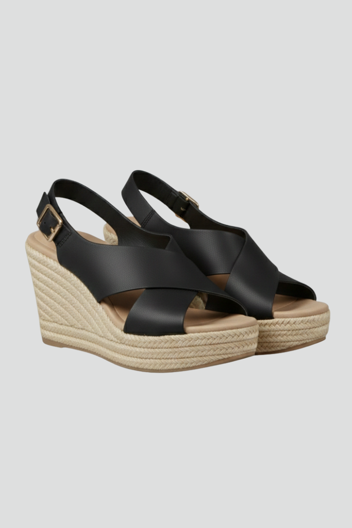 Elegante Damen Keilsandalen mit Crossover-Riemen und Espadrille-Keilabsatz. Schwarze Slingback-Sommerschuhe.