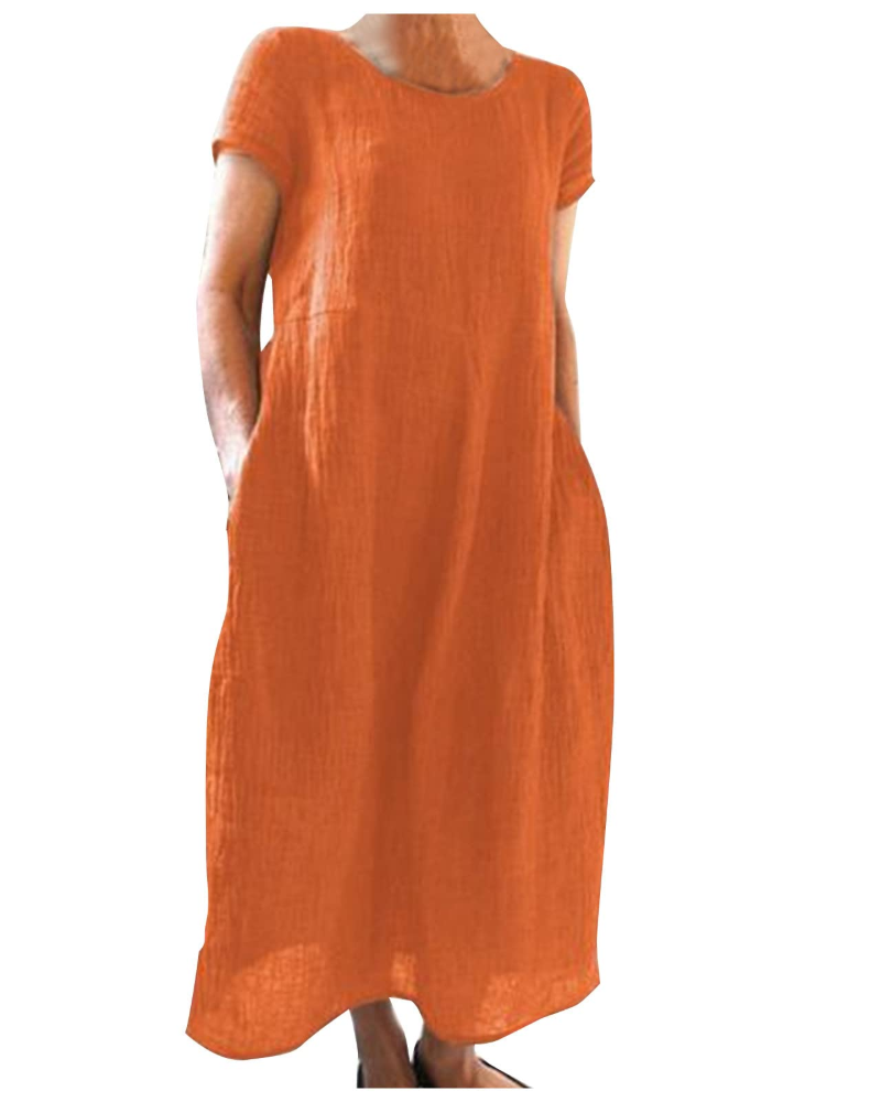 Bequemes Damen Maxikleid in A-Linie mit Kurzarm und praktischen Taschen, ideal für den Sommerurlaub.