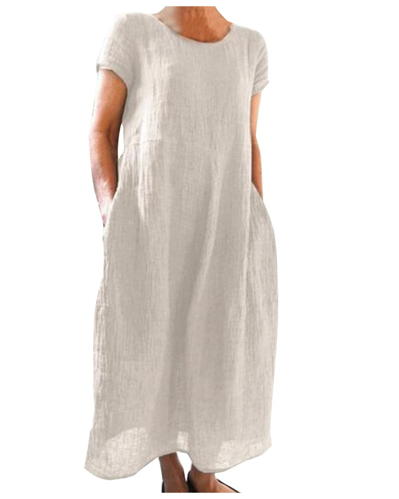 Damen Maxikleid Kurzarm, ein luftiges Sommerkleid mit Taschen, perfekt als bequemes Urlaubskleid für Frauen.