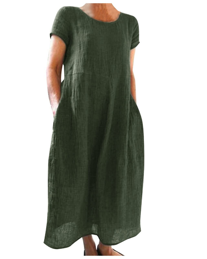 Elegantes Damen Kurzarm Maxikleid, locker geschnitten mit Taschen, ein bequemes Sommerkleid für den Urlaub.