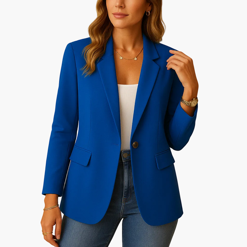 Seitliche Ansicht des eleganten Damen Blazers, zeigt den modernen, schmeichelhaften Schnitt für Business & Freizeit.