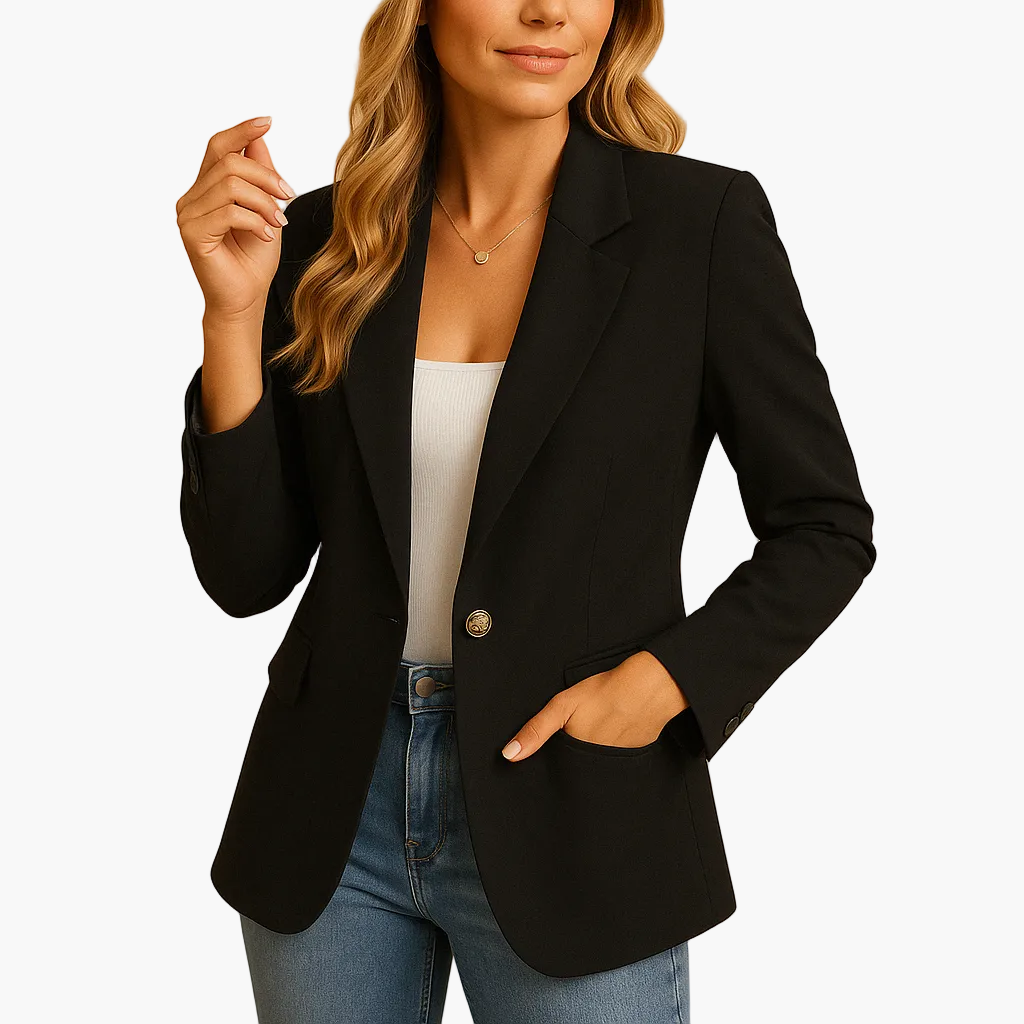 Detailansicht des modernen Damen Blazers: Eleganter Revers und Knopfverschluss, perfekt für Business & Smart Casual.