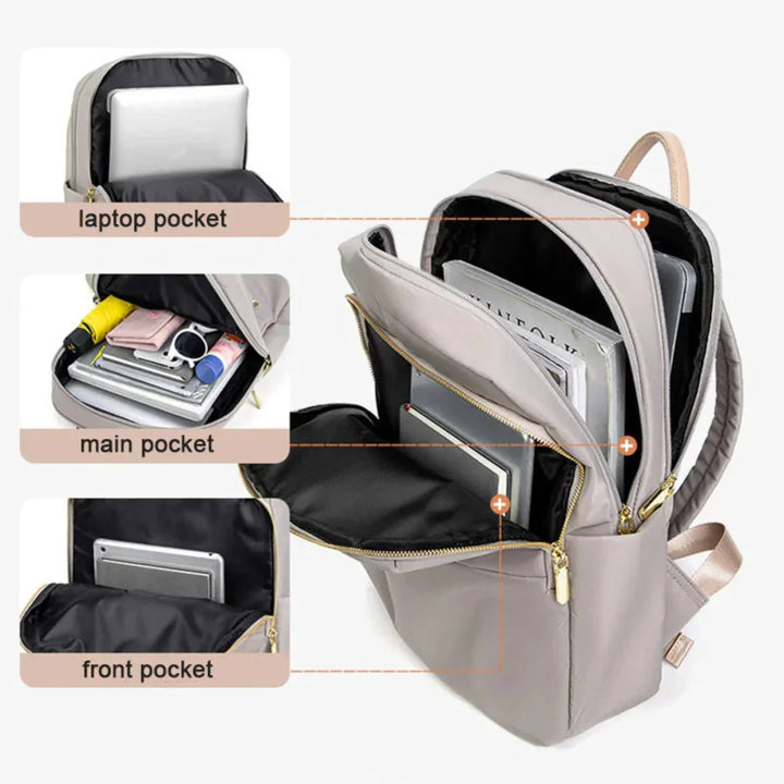 Beiger Damenrucksack, elegant & funktional. Perfekt für Business, Reise und Alltag.