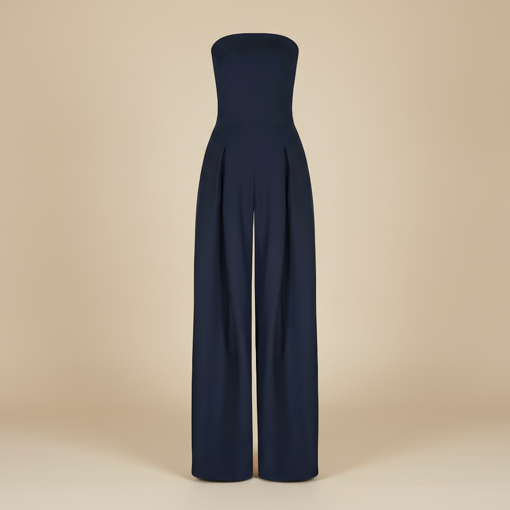 Festlicher Damen Jumpsuit schulterfrei, tailliert, weitbeinig. Perfekt für elegante Sommerabende & Cocktailpartys.
