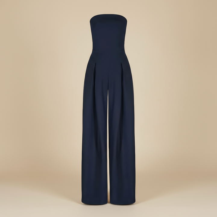 Festlicher Damen Jumpsuit schulterfrei, tailliert, weitbeinig. Perfekt für elegante Sommerabende & Cocktailpartys.