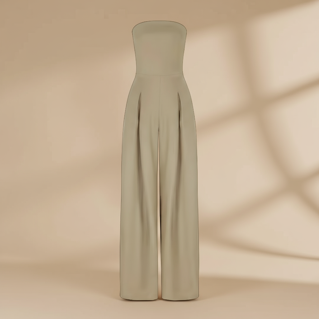 Schulterfreier Damen Jumpsuit, elegant tailliert, weitbeinig. Perfekte Abendgarderobe für Sommerfeste.