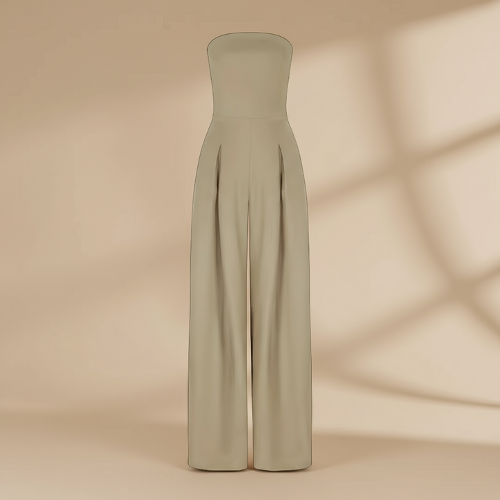 Schulterfreier Damen Jumpsuit, elegant tailliert, weitbeinig. Perfekte Abendgarderobe für Sommerfeste.