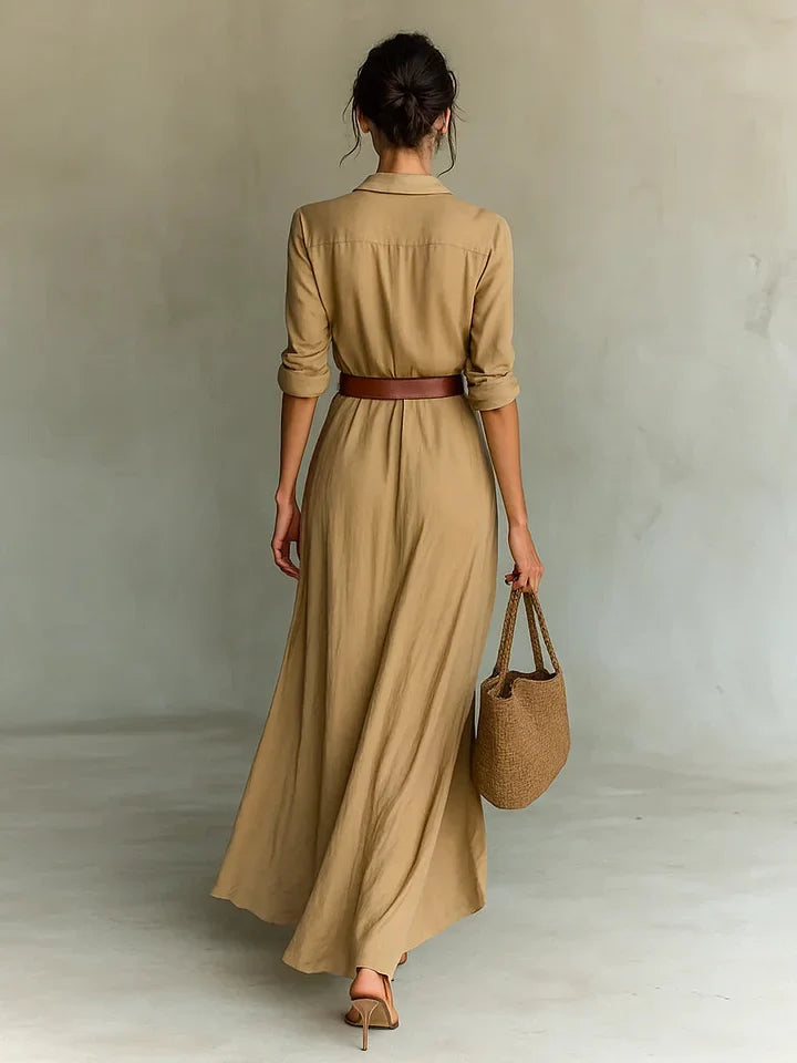 Elegantes Damen Raffkleid, langes Hemdkleid mit Gürtel für Büro und Freizeit, vielseitiges Langarm Maxikleid.