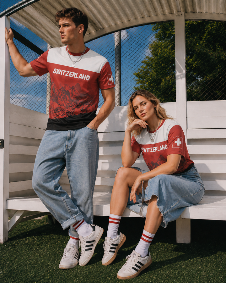 Unisex Schweizer Fußballtrikot für Herren & Damen, rotes Nationaltrikot mit weißen Details, ideal für Fans und Sport.