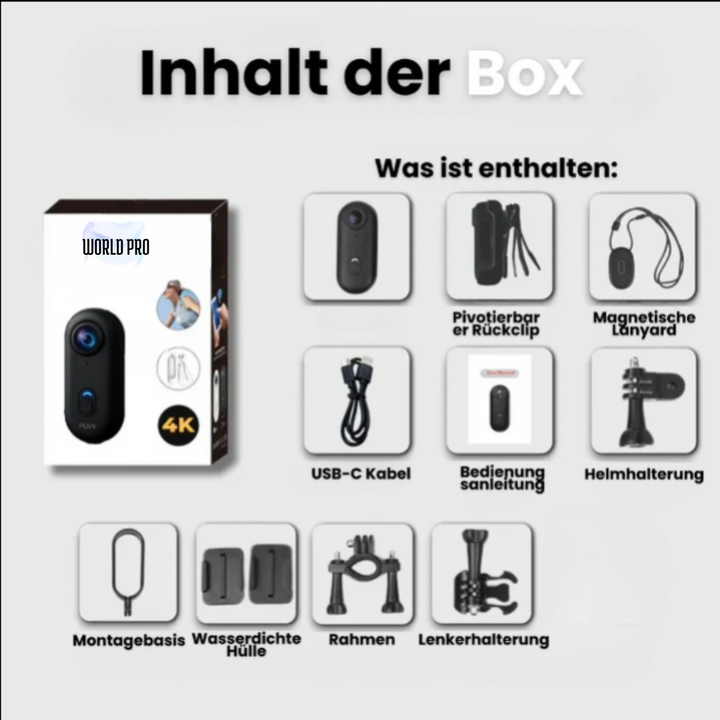 Unisex POV Actionkamera für immersive 4K-Videoaufnahmen. Kompakt, freihändig nutzbar für Outdoor & Sport.