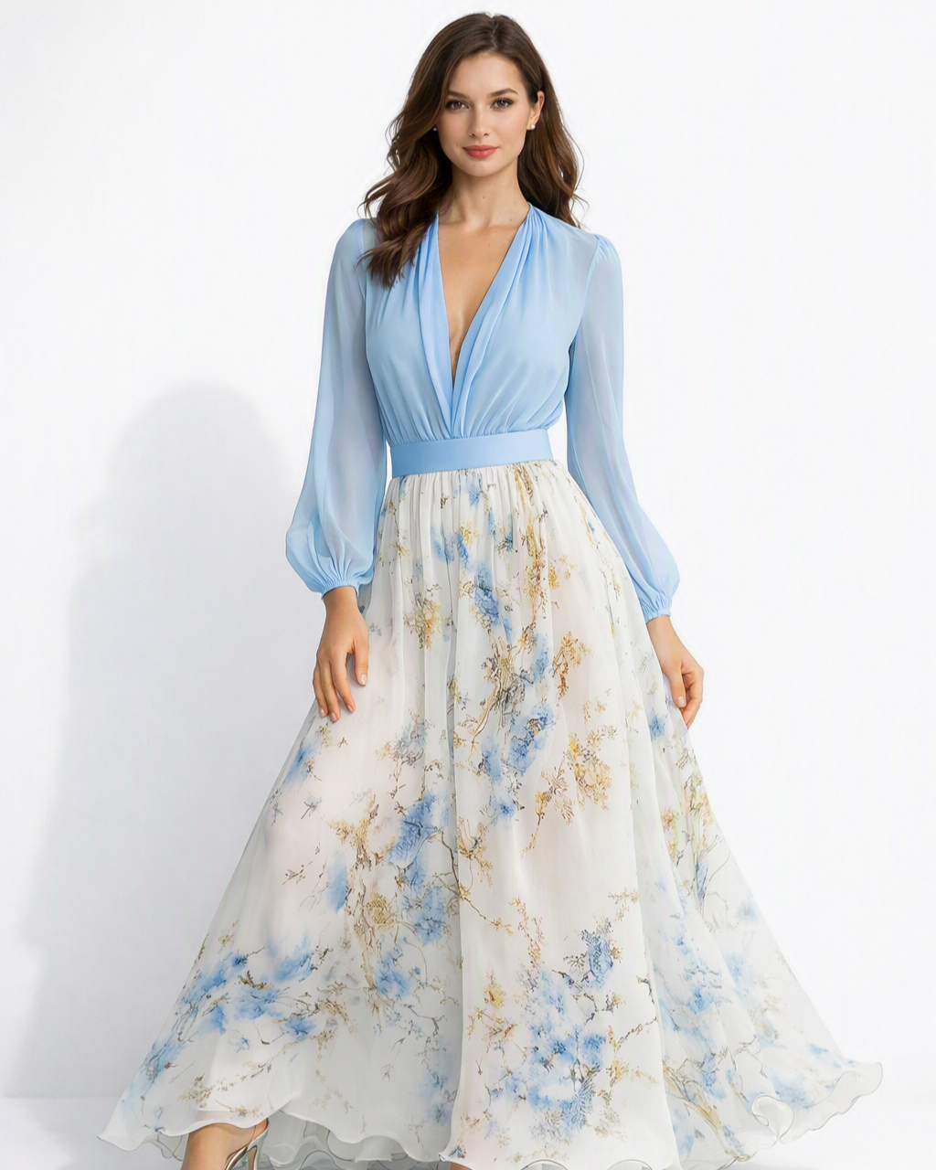 Elegantes blaues Damen Maxikleid mit langem Arm, V-Ausschnitt und modischem Blumenmuster für Frühling & Sommer.