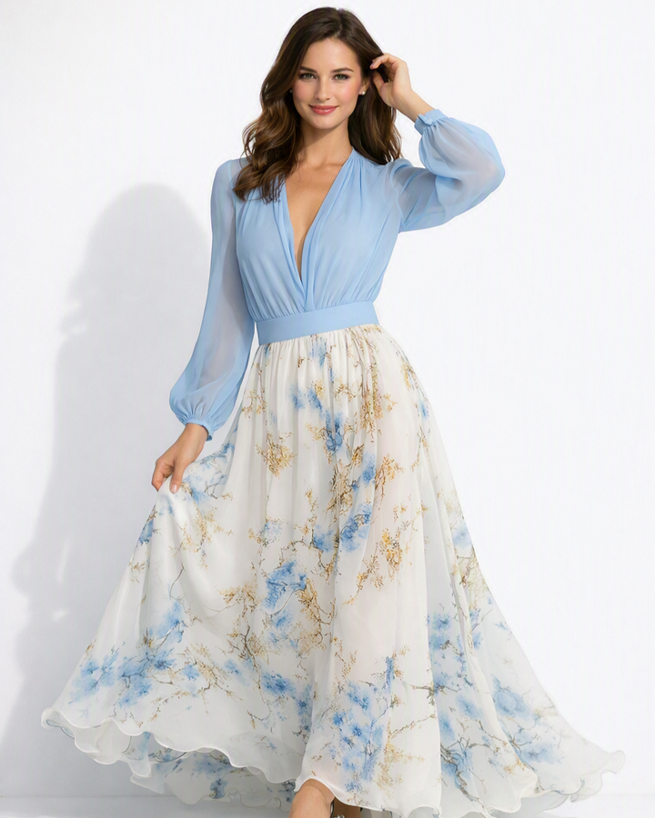 Modisches A-Linien Maxikleid für Damen in Blau mit Blumenmuster, V-Ausschnitt; perfekt für festliche Anlässe & Alltag.