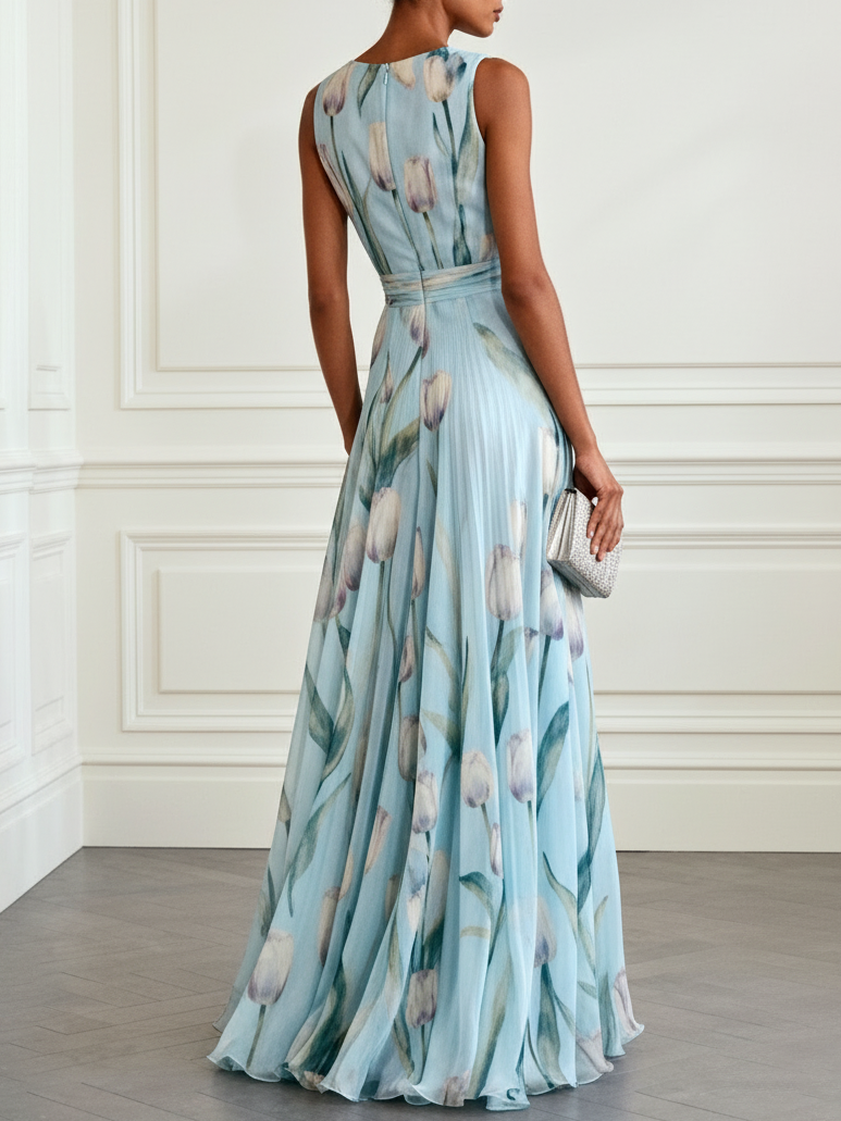 Vielseitiges Damen Maxikleid: Ärmelloses Design, Tulpenmuster, V-Ausschnitt. Geeignet als festliches oder Freizeitkleid.
