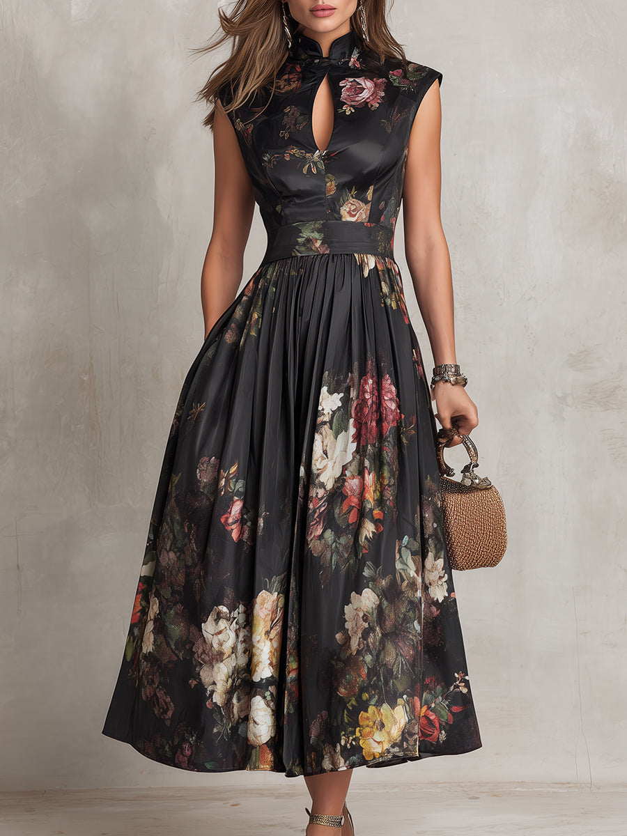 Elegantes schwarzes Damenkleid mit Blumenmuster, Midi-Länge & stilvollem Schlüssel-Ausschnitt. Ein schickes Cocktailkleid.