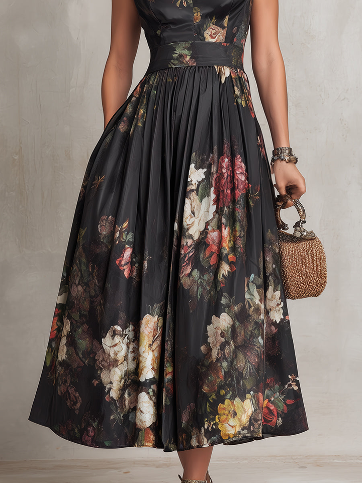 Schwarzes Blumenmuster Midi-Kleid für Damen. Mit Schlüssel-Ausschnitt, A-Linie, als elegantes Abend- oder Partykleid.