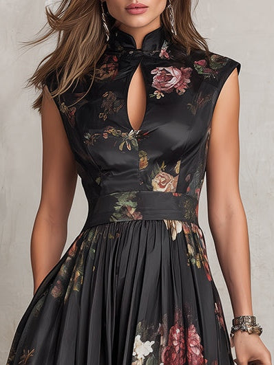 Festliches Damen Midi-Kleid in Schwarz, mit floralem Muster & modischem Schlüssel-Ausschnitt. Ein vielseitiges Abendkleid.