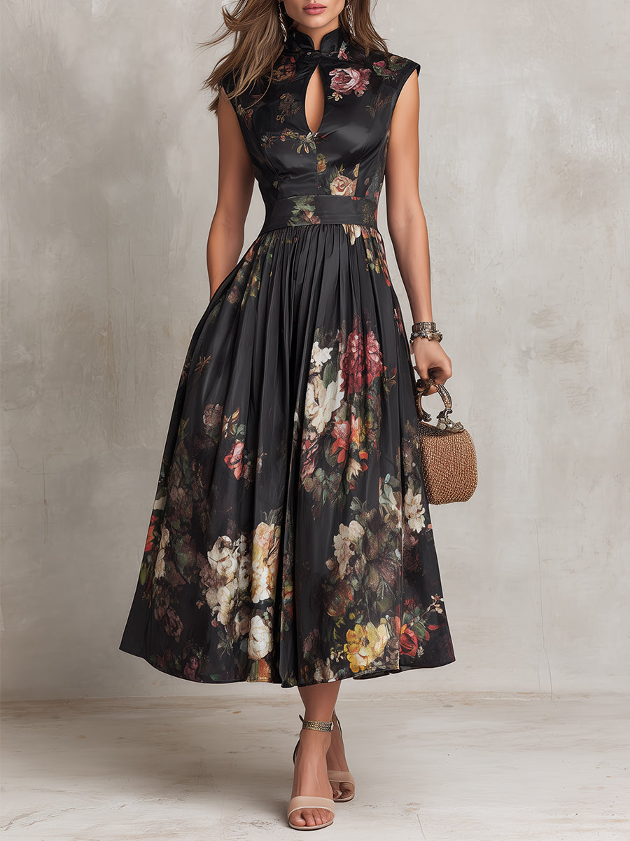 Schwarzes Damen Midi-Kleid mit Blumenmuster & elegantem Schlüssel-Ausschnitt. Perfekt als Abend- oder Cocktailkleid.