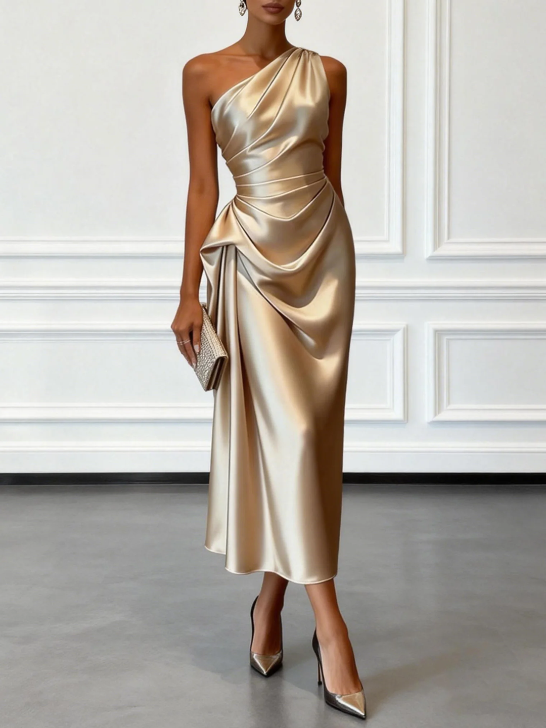 Elegantes Damen Ein-Schulter Midikleid mit Rüschen, perfekt für Party & besondere Anlässe. Feminin & schick.