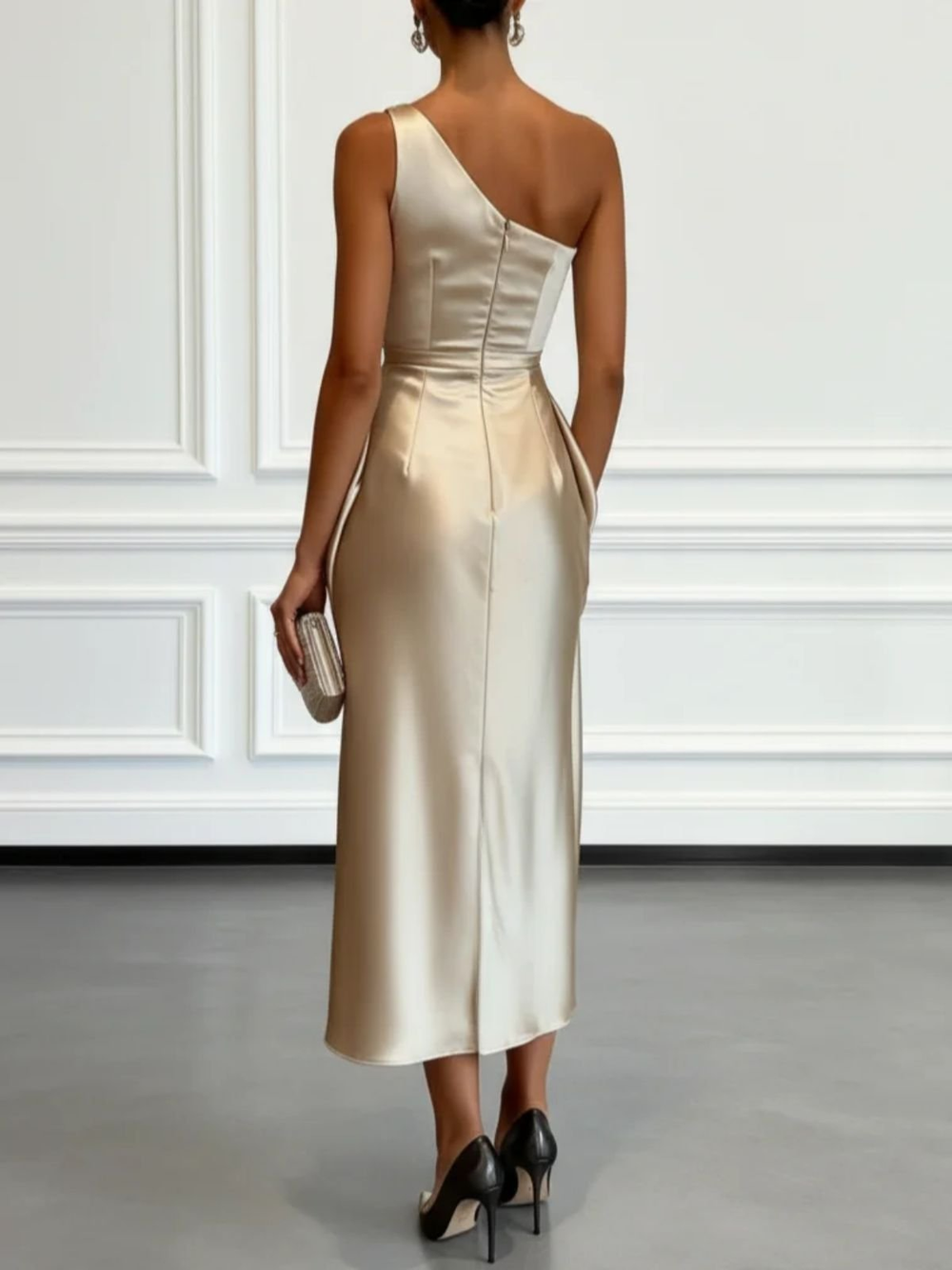 Schickes Ein-Schulter Partykleid für Damen mit zarten Rüschen, ideales Midikleid für elegante Abendanlässe.