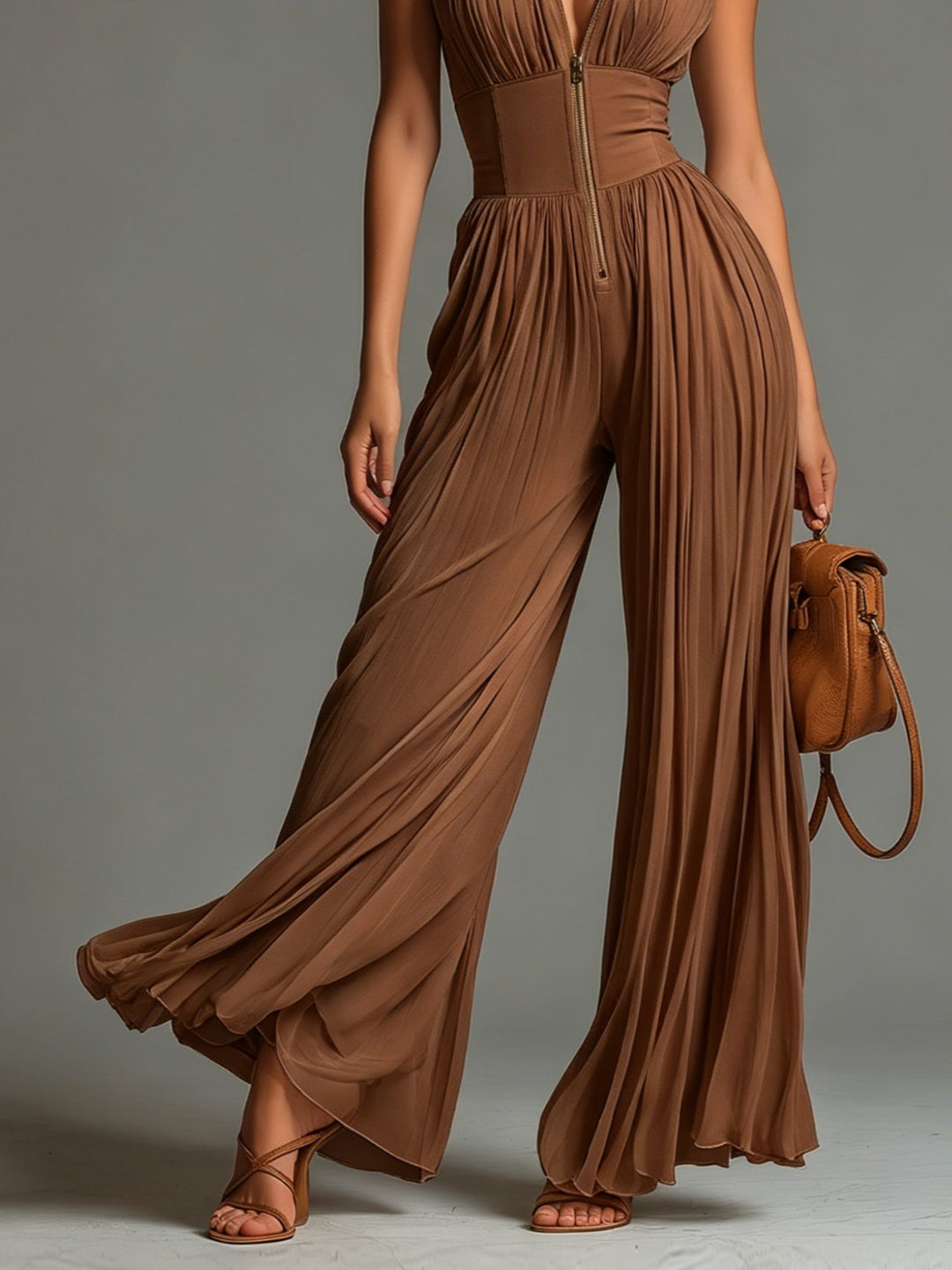 Vielseitiger Damen Jumpsuit in elegantem Karamell, ärmellos, ideal als Abendmode oder Sommer-Outfit.