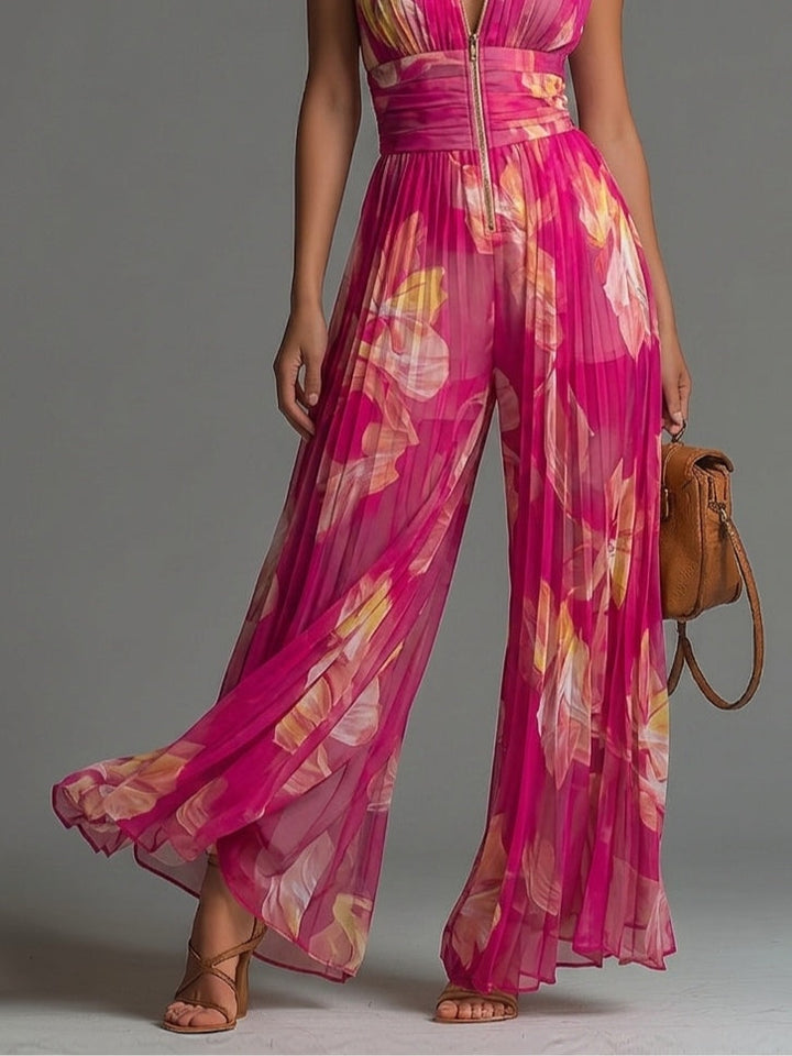 Festlicher Damen Overall in Fuchsia, elegant plissiert mit weitem Bein, perfekt für Party, Abendmode und Anlässe.