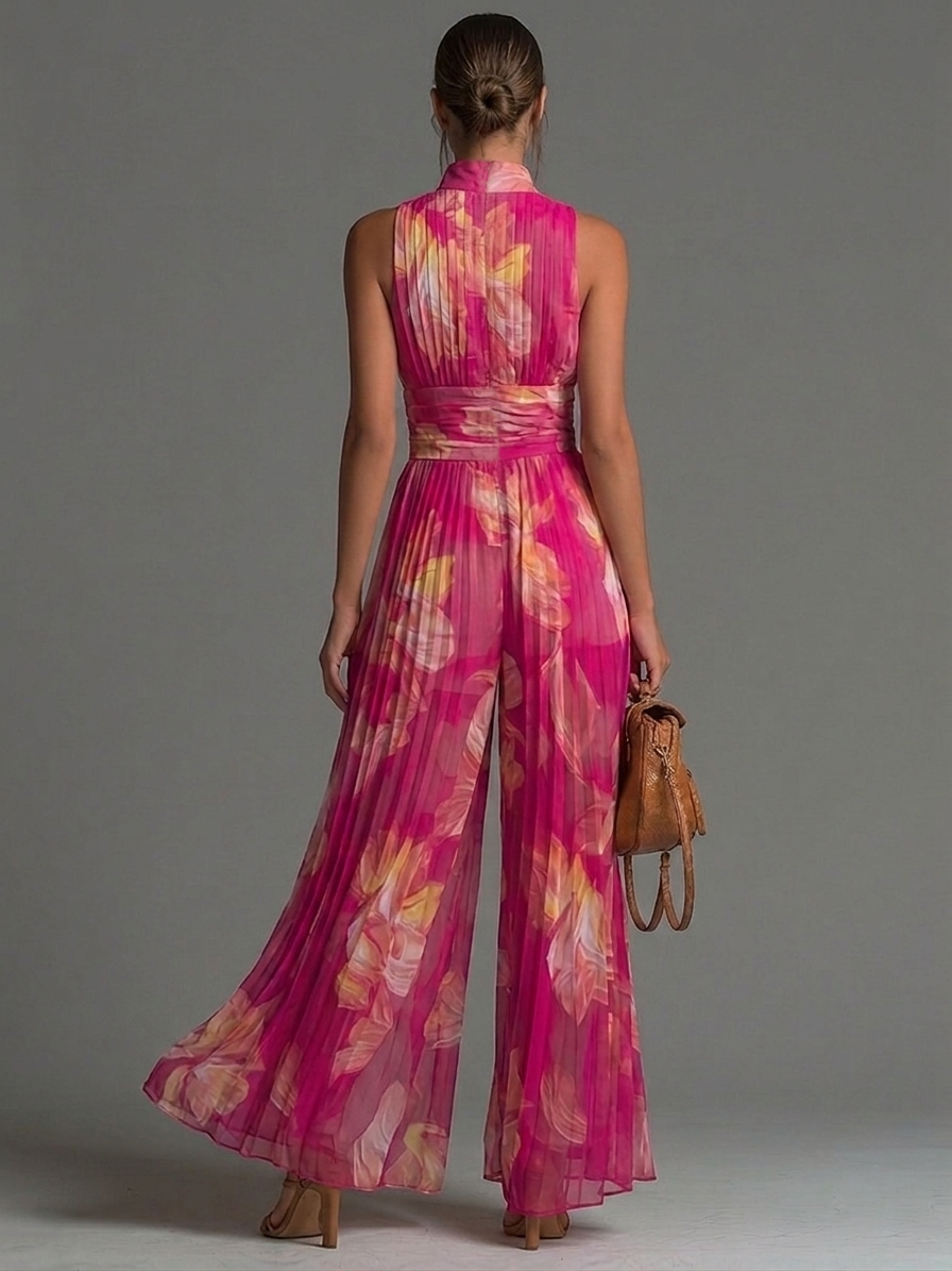 Stylischer plissierter Damen Overall in Fuchsia, mit weitem Bein für elegante Abendmode und Party-Events.