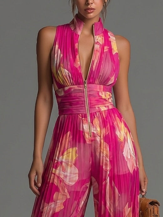 Plissierter Fuchsia Damen Jumpsuit mit weitem Bein, eleganter Einteiler für Frühling und Sommer, selbstbewusster Look.