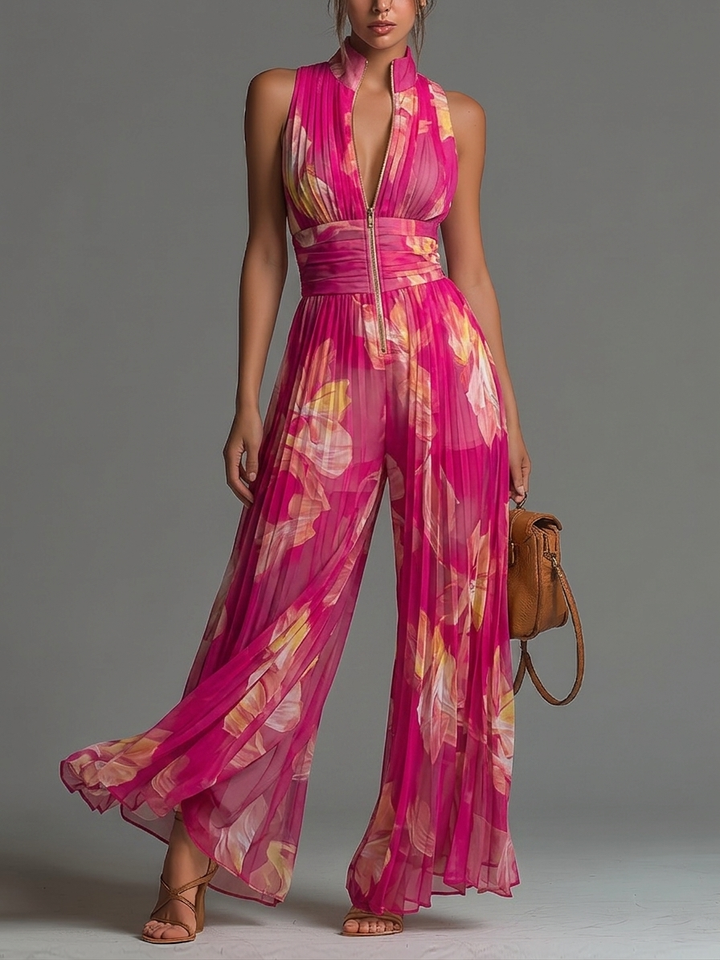 Eleganter fuchsiafarbener Damen Jumpsuit mit plissiertem Oberteil und weitem Bein, ideal für festliche Anlässe.