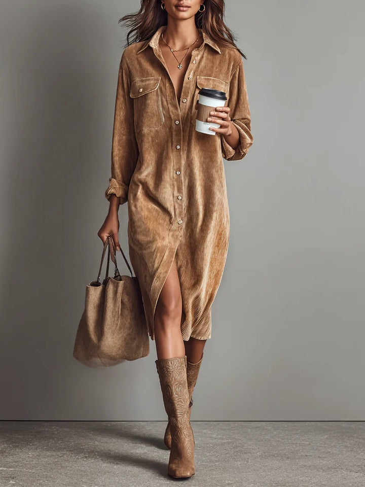 Elegantes Damen Hemdblusenkleid im Midi-Stil mit Knöpfen und langen Ärmeln. Vielseitiges Freizeitkleid.