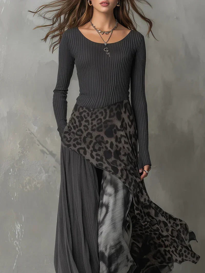 Modisches Damen Maxikleid mit elegantem Leopardenmuster und langen Ärmeln, vielseitig für besondere Anlässe.