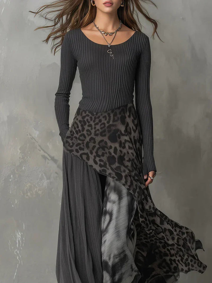 Modisches Damen Maxikleid mit elegantem Leopardenmuster und langen Ärmeln, vielseitig für besondere Anlässe.