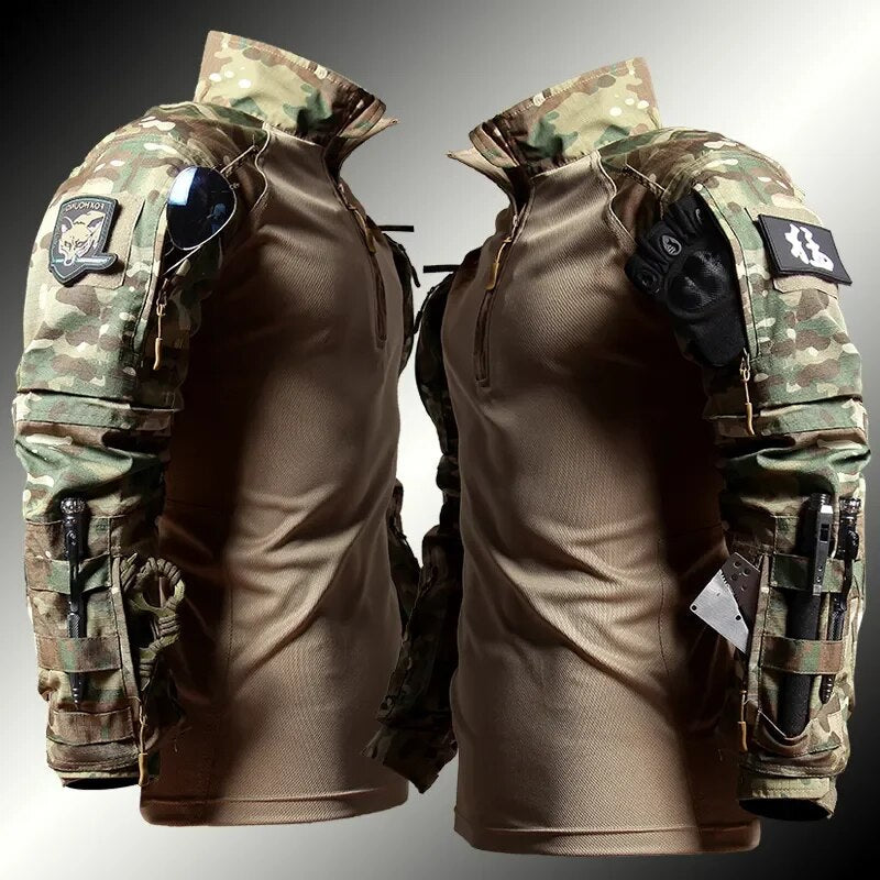 Schwarzes Herren Combat Set: Longsleeve mit Half-Zip & Cargo-Hose mit Knieschutz für Militär & Abenteuer.